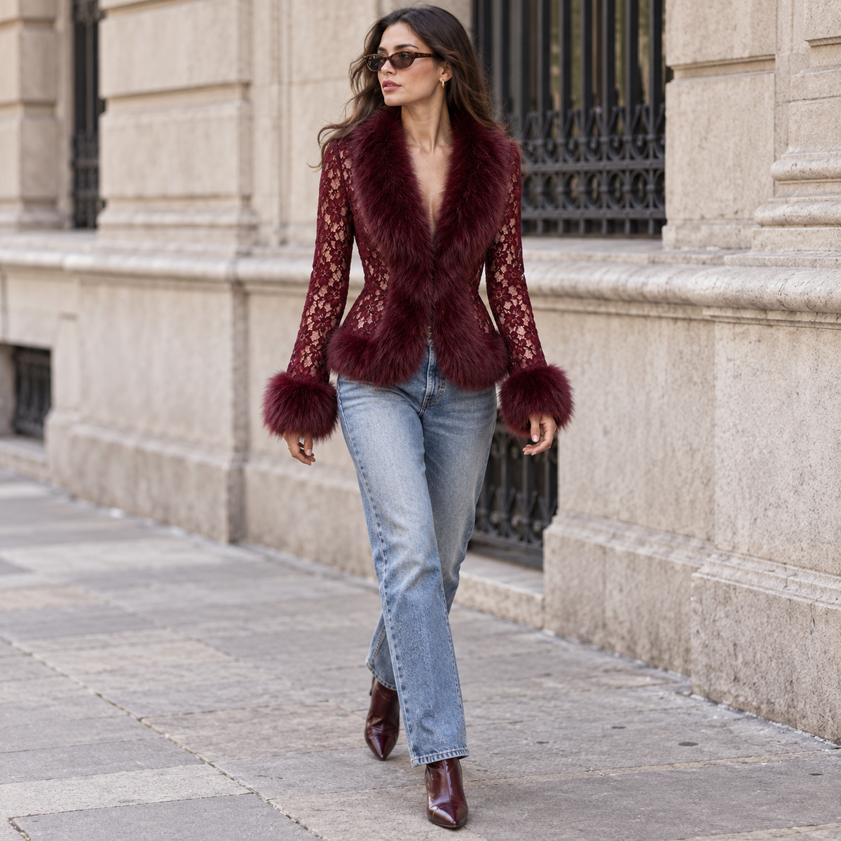 Model im Bordeaux-Strickset vor einem Café