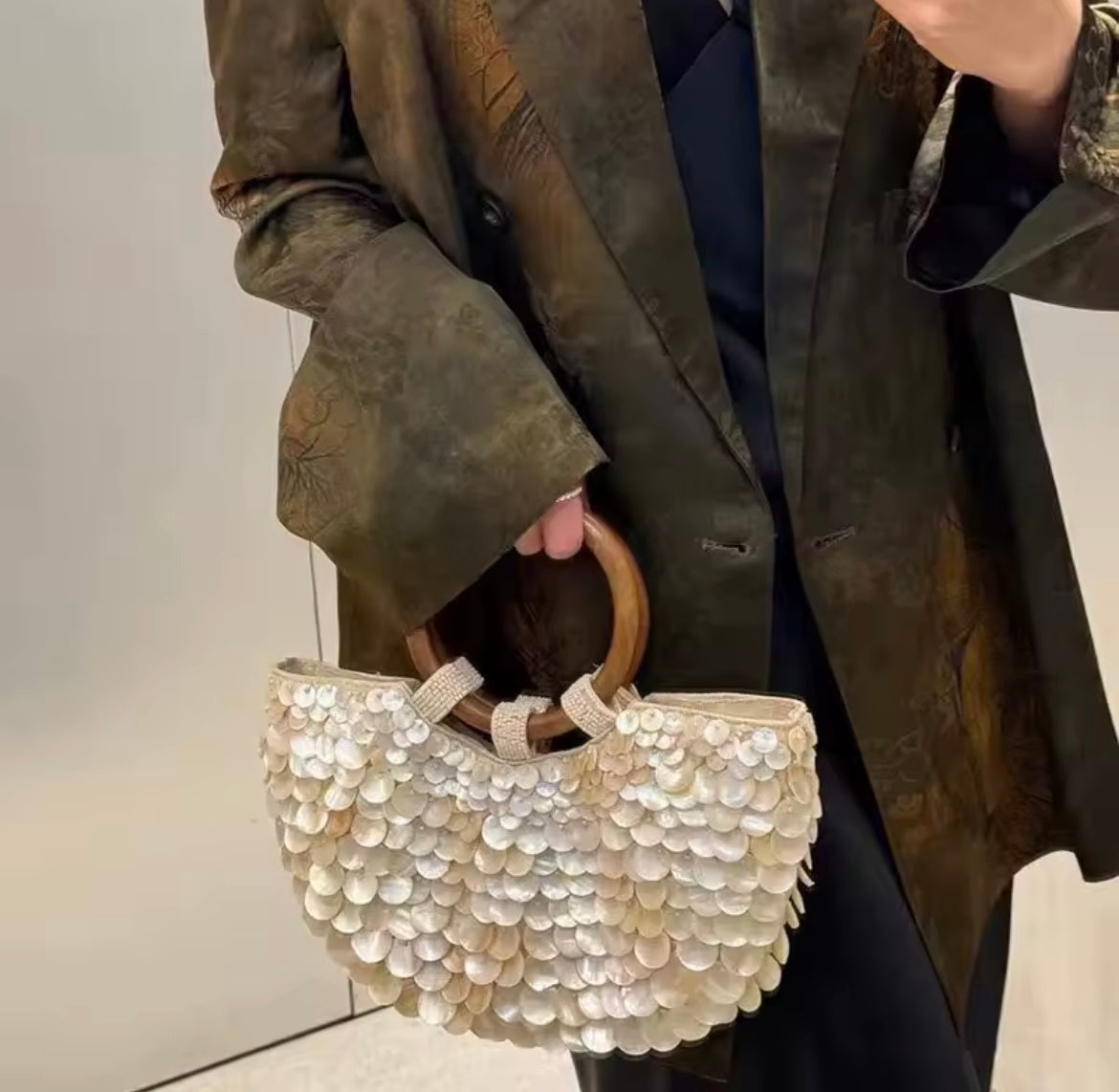 Perlen Pailletten Tasche mit Holzgriff