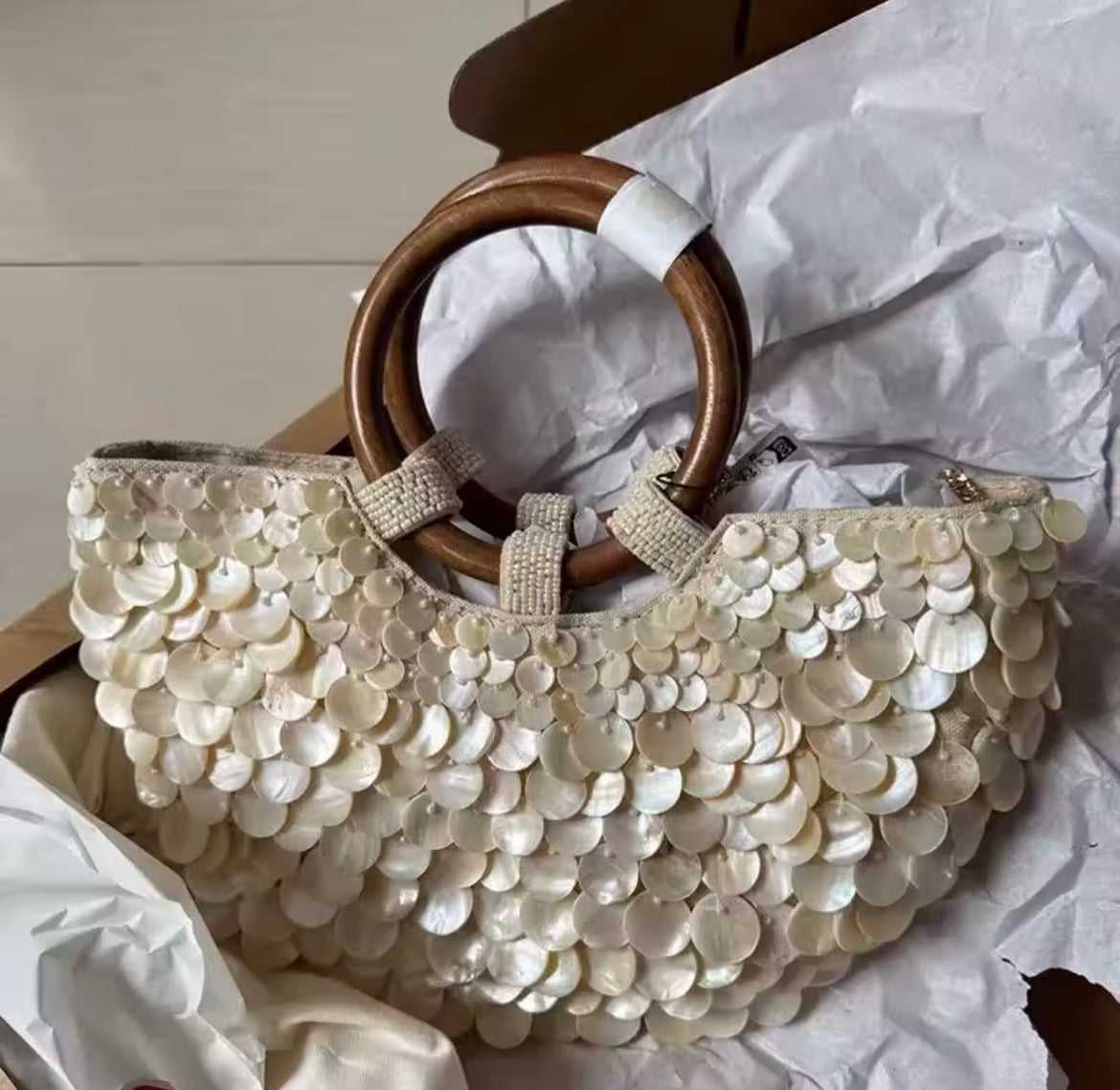 Perlen Pailletten Tasche mit Holzgriff